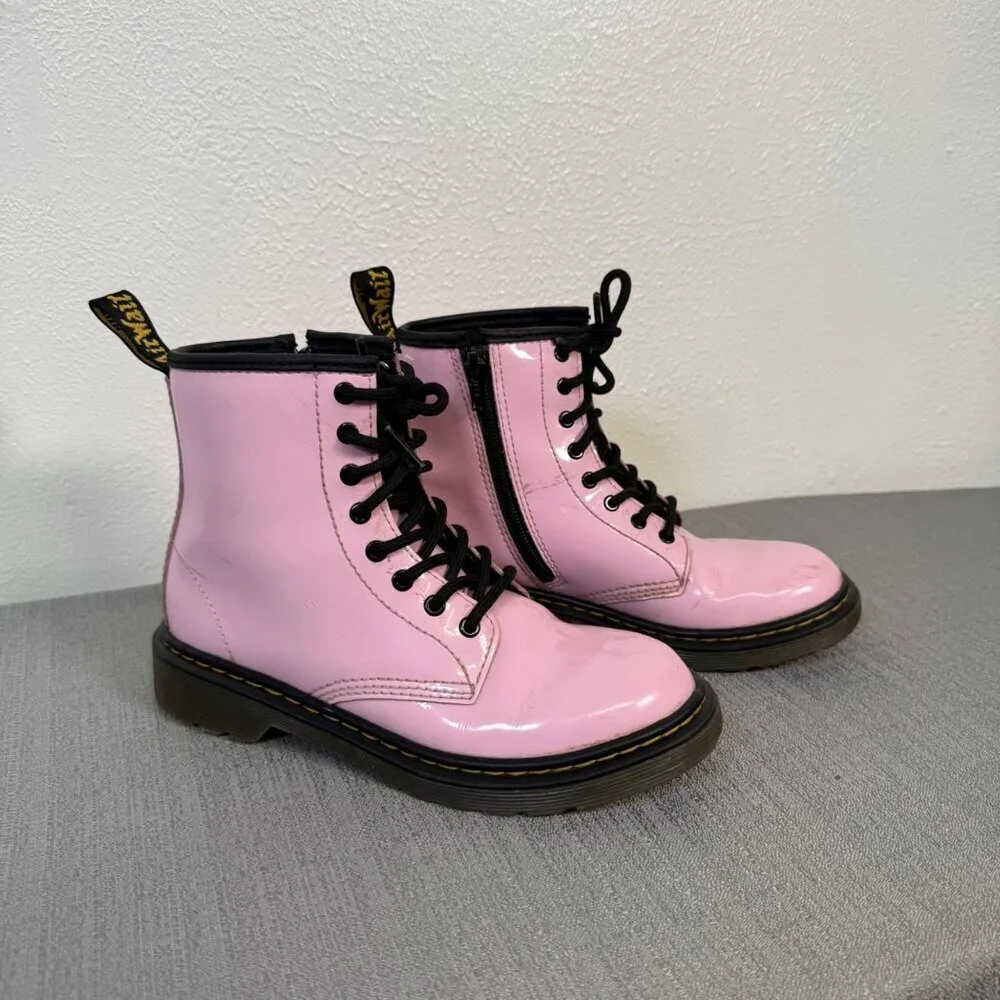 Dr. Martens 1460 J Pale Pink Patent Leather Lace Up Side Zip Boots Girls 3